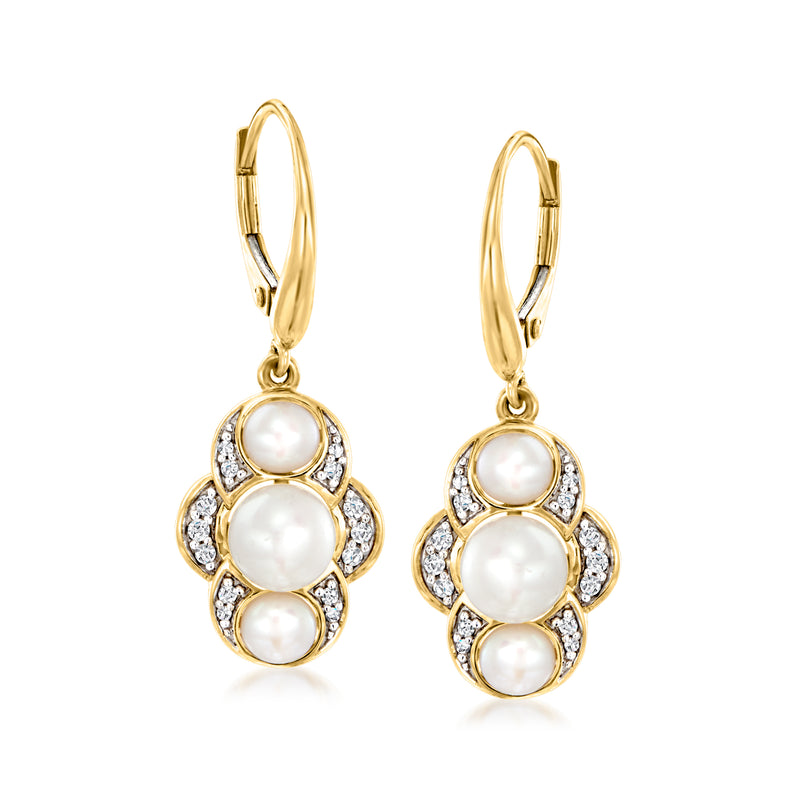 14kt yellow gold pearl and diamond drop earrings, leverback
