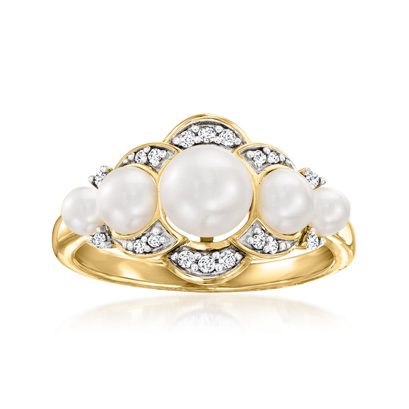 14kt yellow gold ring with five cultured pearls and round diamond halo accents