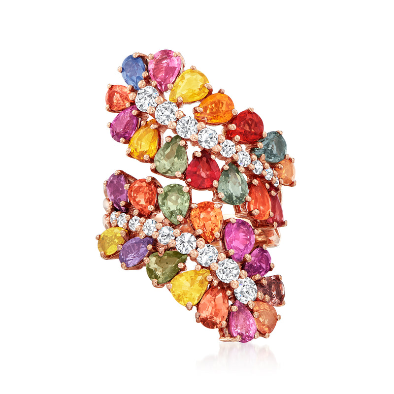 Multicolored sapphire and diamond ring with marquise-cut stones, rose-gold setting