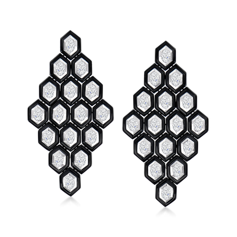 Diamond chandelier drop earrings with black agate in 18kt white gold