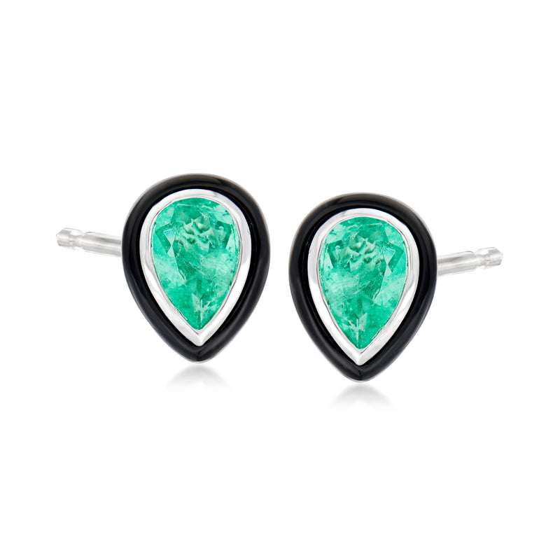 Pear-shaped emerald-green earrings with black agate bezel and white gold posts