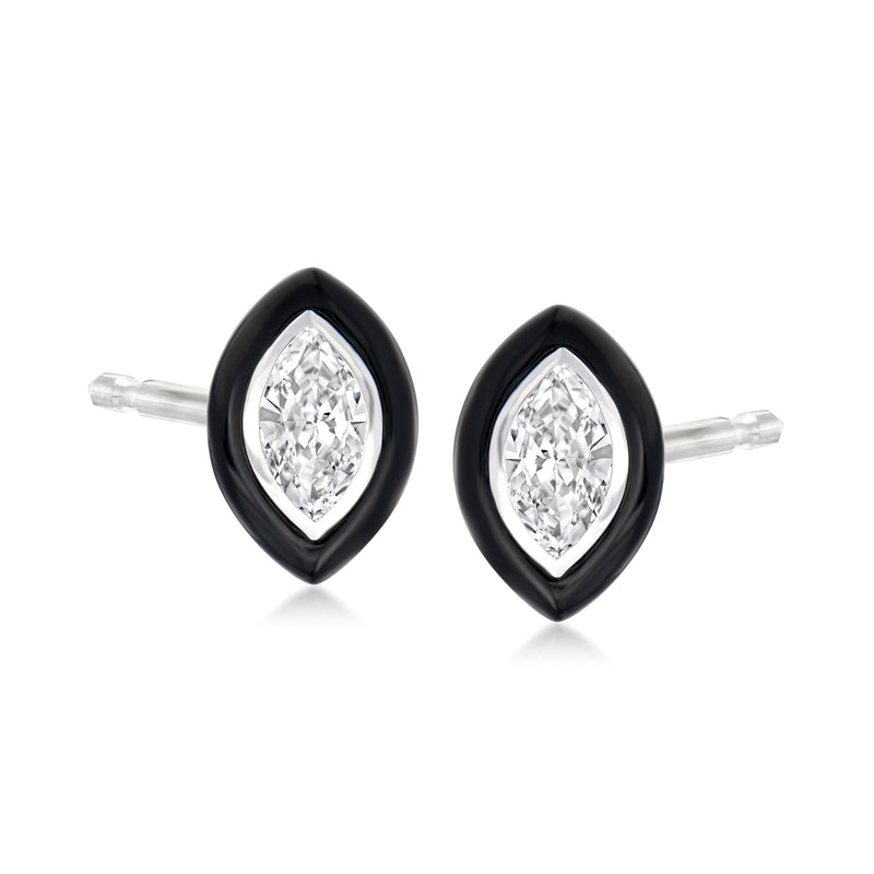 Marquise black agate diamond stud earrings in yellow gold with post backs