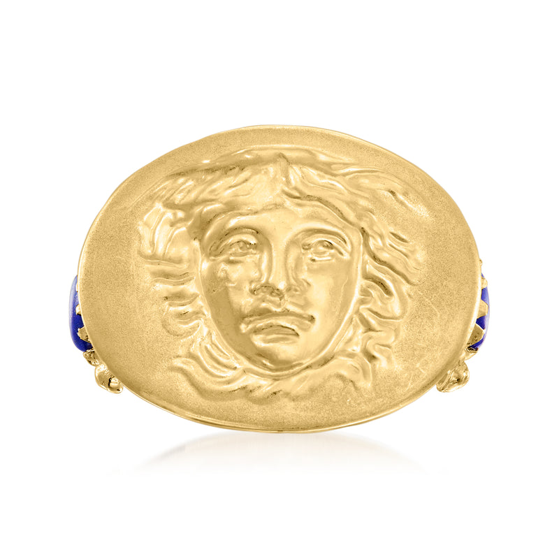 Gold-tone cameo-style ring with oval medusa portrait relief and blue side accents