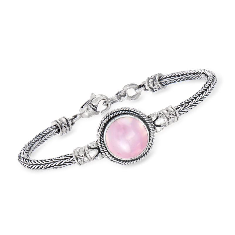 Sterling silver bracelet with pink round mabe pearl and twisted rope Bali-style links