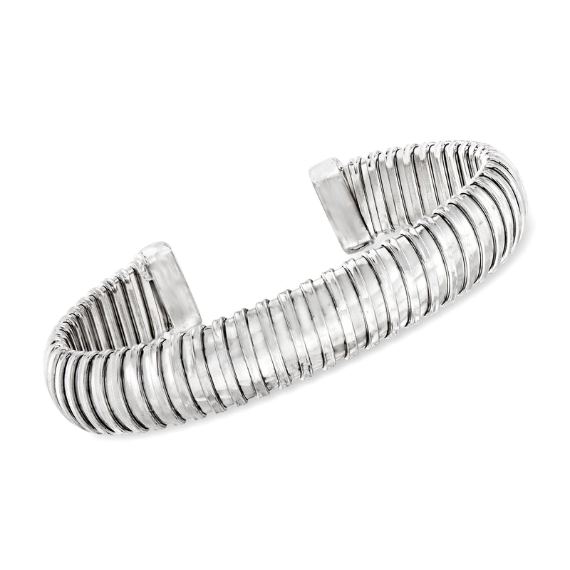 Sterling silver tubogas cuff bracelet with ribbed spiral texture and open cuff ends