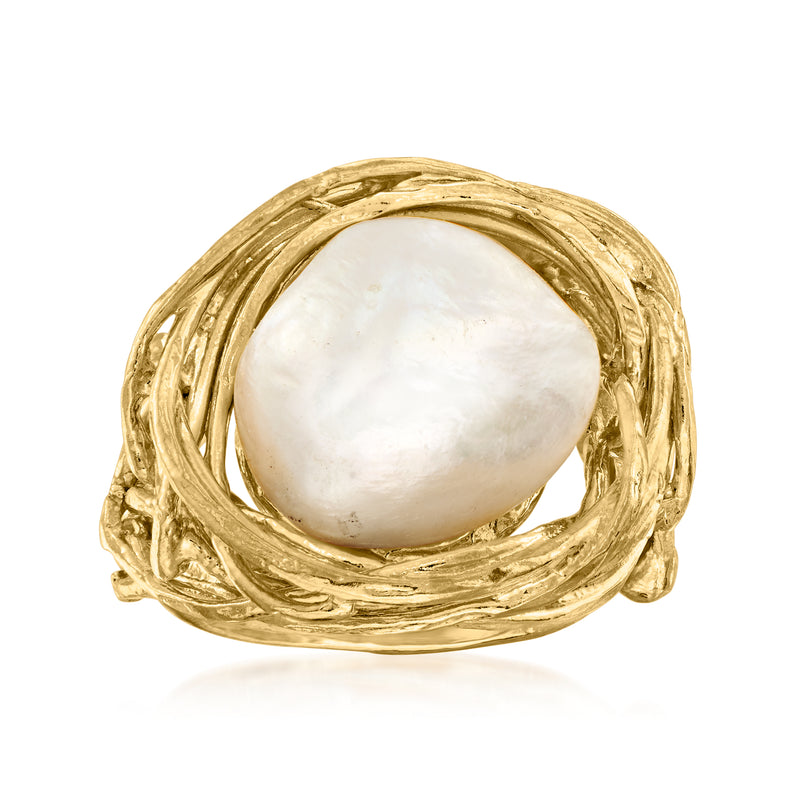 Cultured baroque pearl ring with oval white pearl in twisted 18kt gold-over-sterling setting