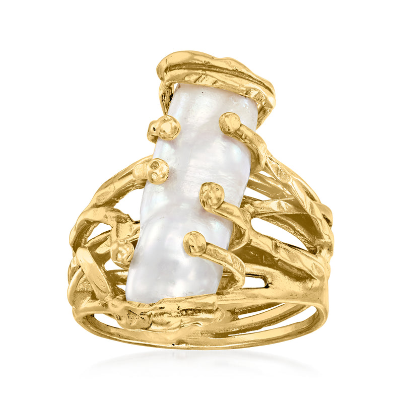 Baroque pearl ring with irregular white pearl centerpiece and ornate 18kt gold over sterling band