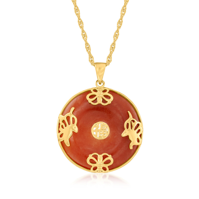 Gold over sterling necklace with round red jade pendant and butterfly motifs, short chain