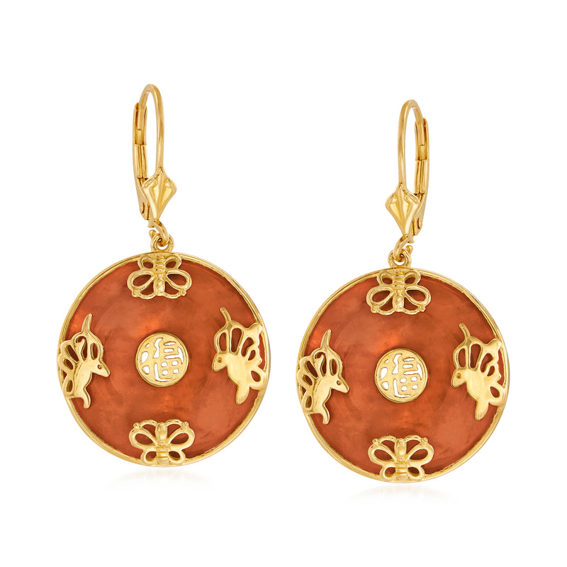 Gold leverback drop earrings with round red jade disc charms and butterfly motifs