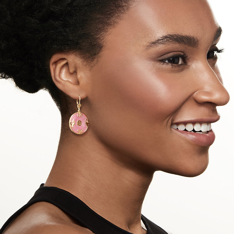 Pink round jade gold butterfly drop earrings shown on leverback hooks