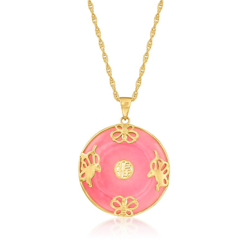 Pink jade butterfly pendant necklace, round pink medallion with gold lucky motifs