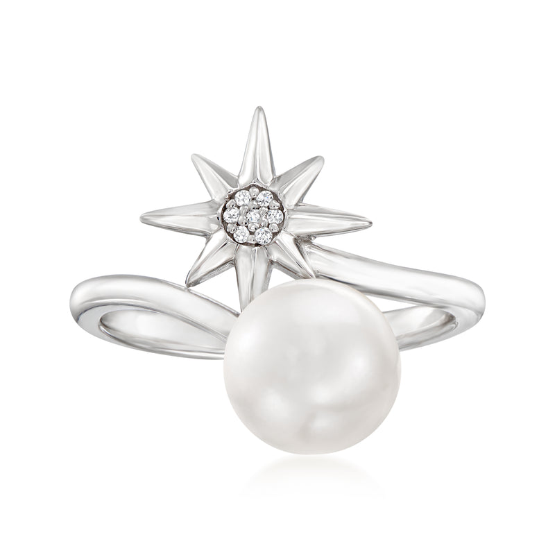 Sterling silver bypass ring with large white cultured pearl and starburst diamond accents