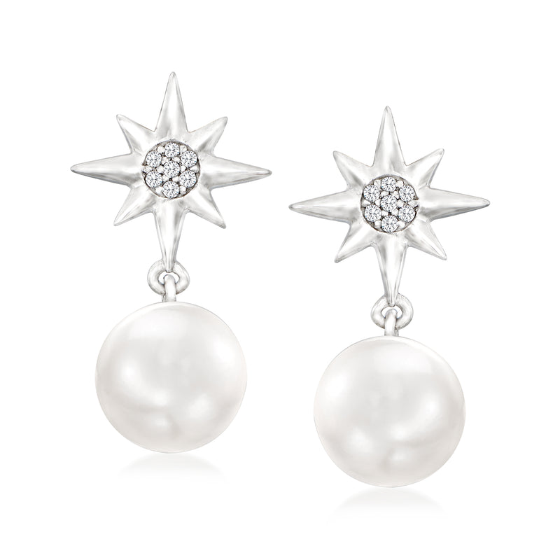 Sterling silver star drop earrings with round cultured pearl and diamond accents