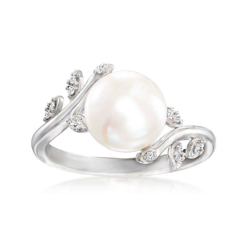 Sterling silver vine ring with large cultured pearl and small diamond accents
