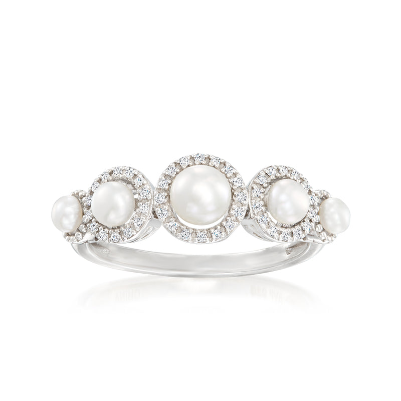 Sterling silver halo ring with three cultured pearls and round diamond accents