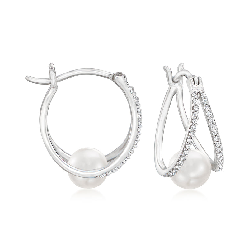 Sterling silver double-hoop pearl and diamond earrings