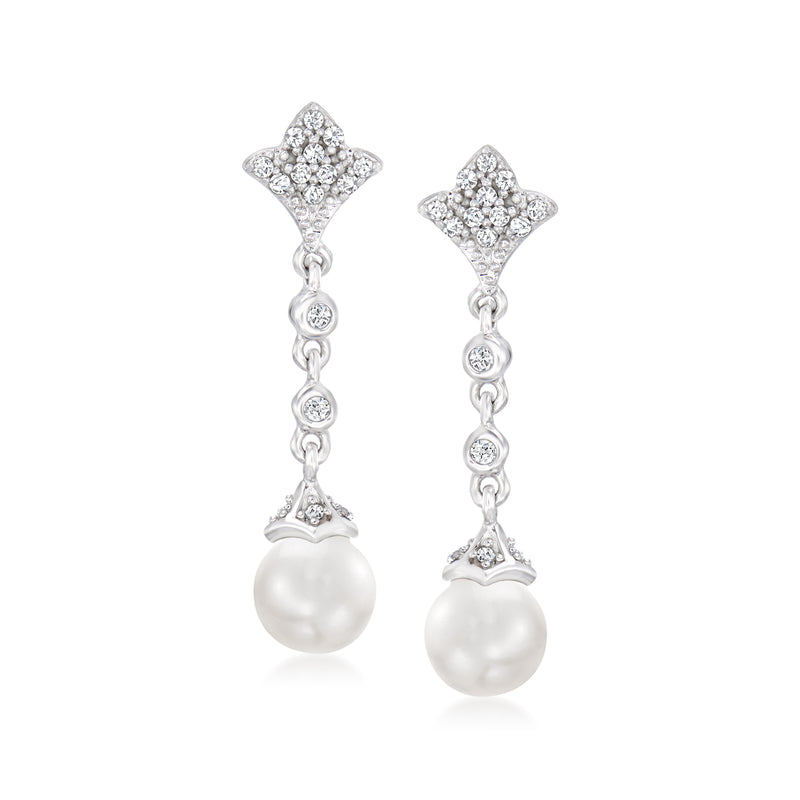 Sterling silver linear drop earrings with dangling round cultured pearls and sparkling stones