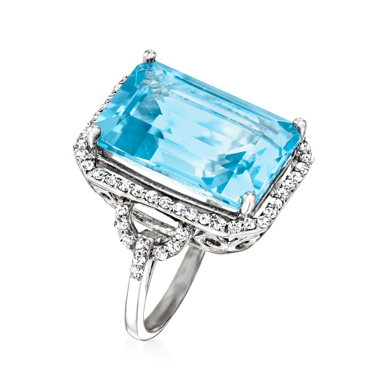 Swiss blue topaz and white topaz ring in sterling silver with rectangular center stone