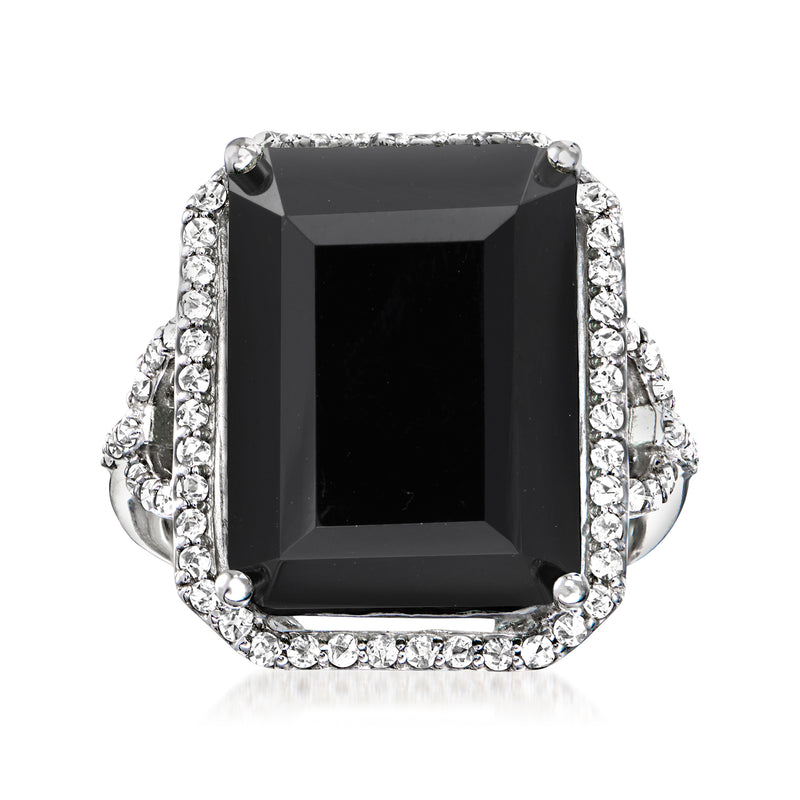 Sterling silver ring with rectangular black stone and clear crystal halo