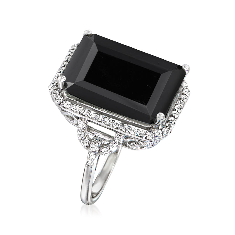 Sterling silver ring with rectangular black onyx and white topaz accents