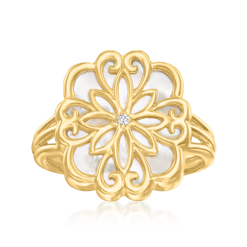 18kt gold over sterling flower ring with mother-of-pearl scrollwork and small clear stone