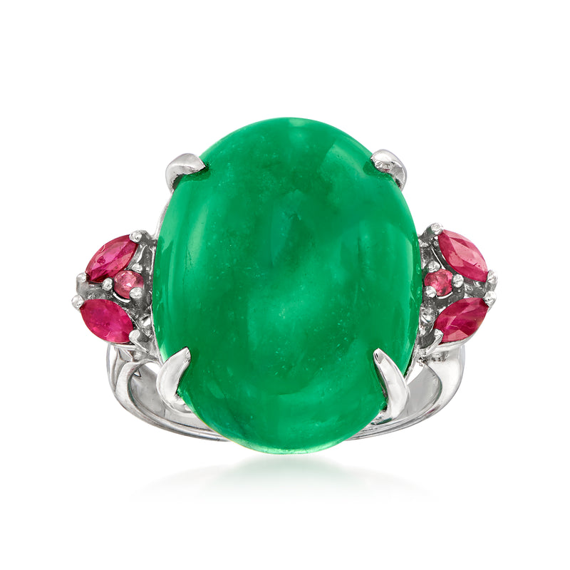 Sterling silver ring with oval green gemstone center and pink side stones