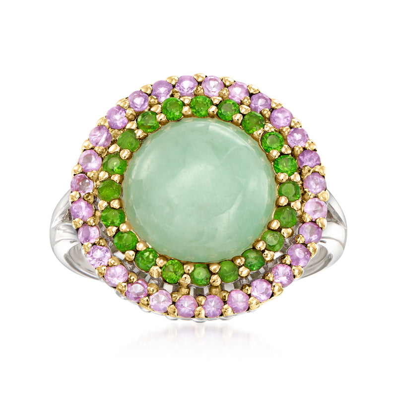 Two-tone sterling silver ring with mint green center and purple amethyst halo, green accents