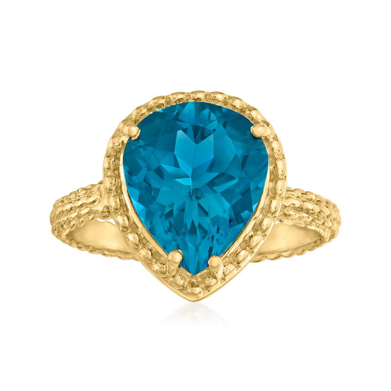 18kt gold over sterling ring with oval London blue topaz centerpiece