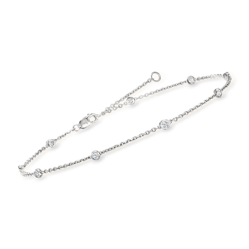 Sterling silver diamond station anklet with round stone station links and clasp