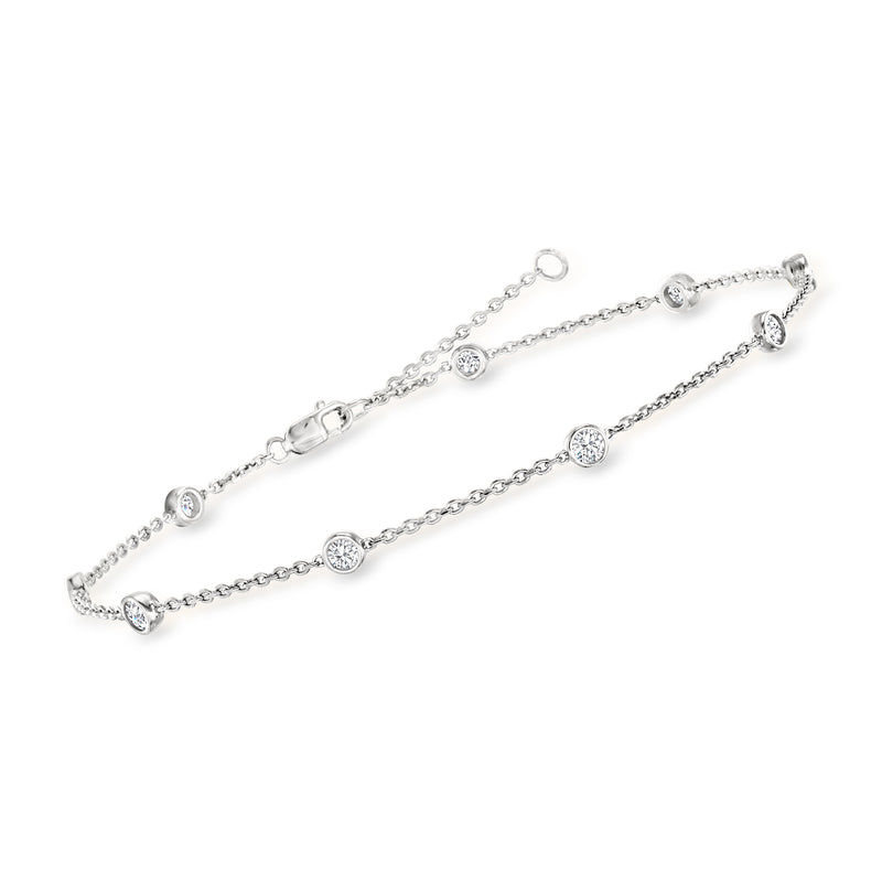 Sterling silver diamond station anklet showing chain and evenly spaced round stones