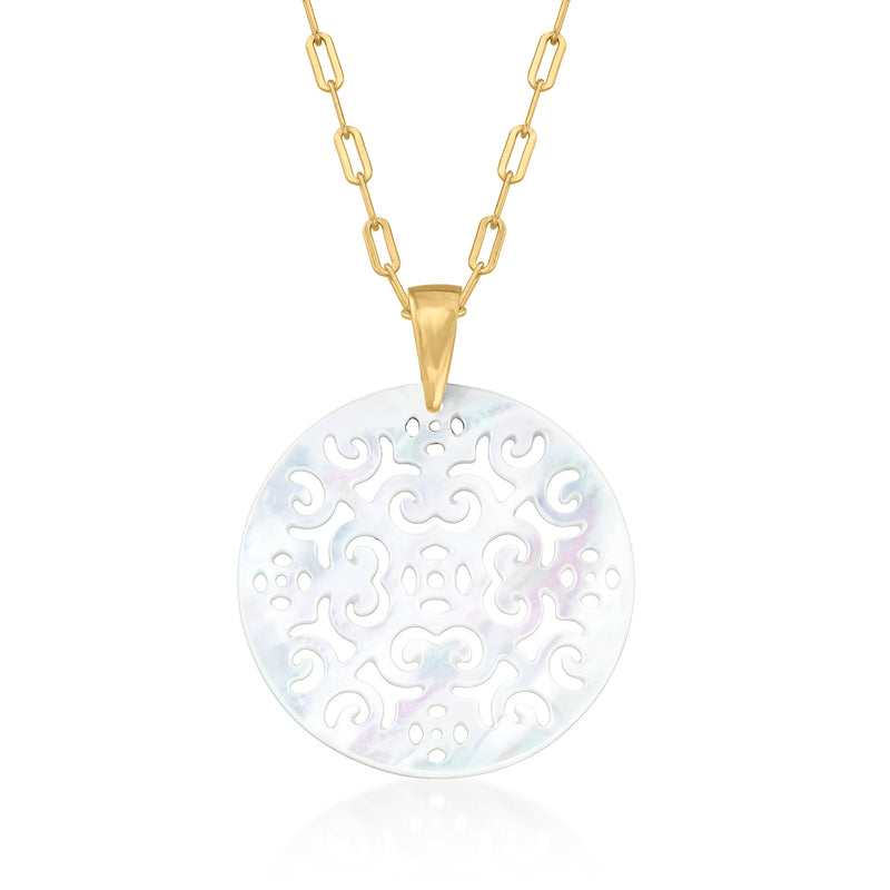 Gold chain mother-of-pearl round pendant necklace with iridescent decorative cutout