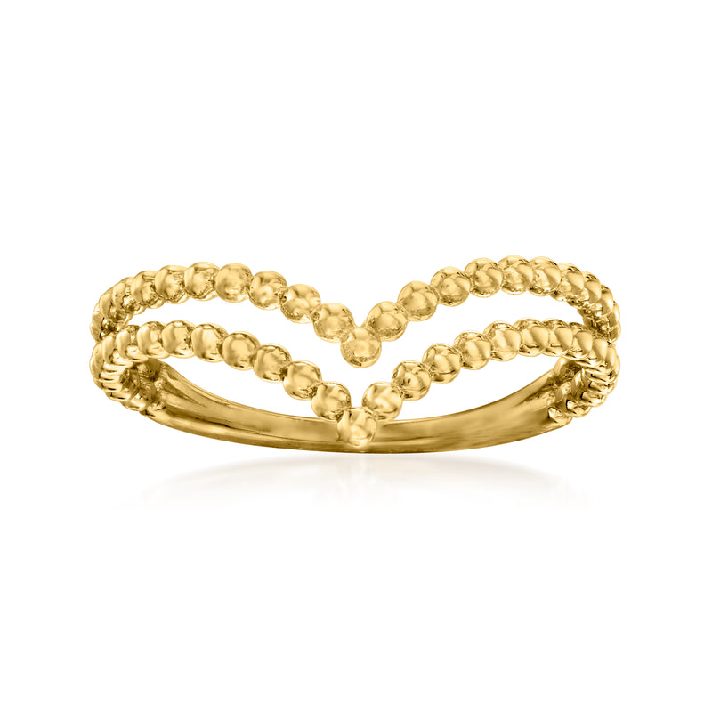 14kt yellow gold two-row beaded V-shaped ring with scalloped bead texture