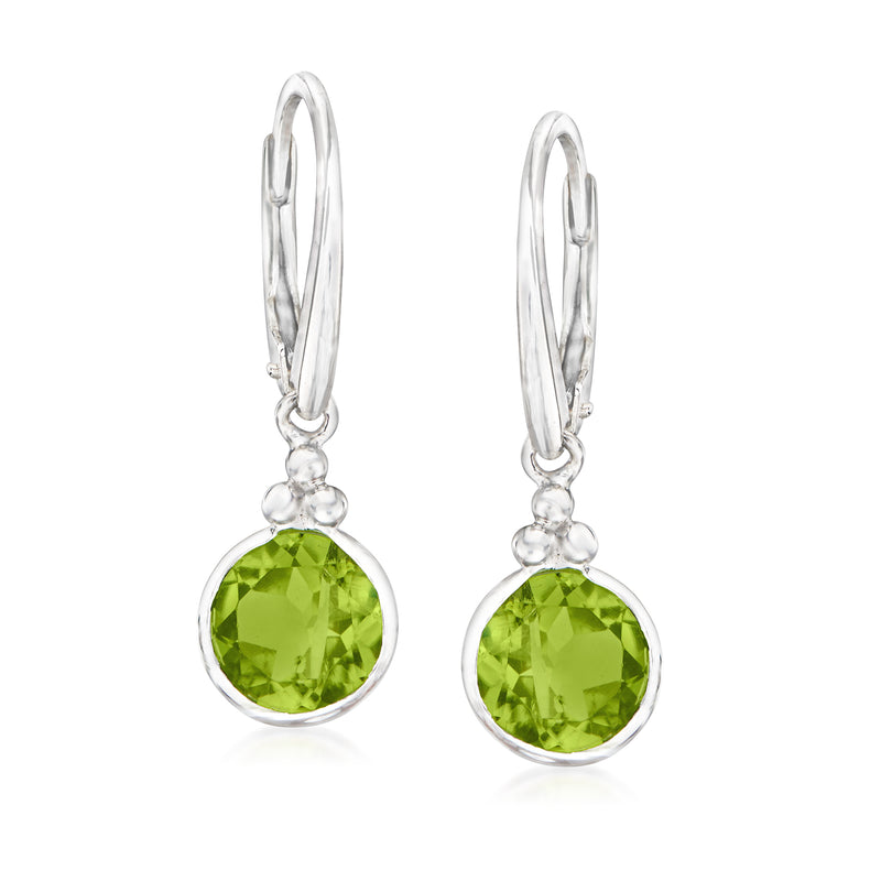 Sterling silver peridot drop earrings with round green gemstone, leverback closure