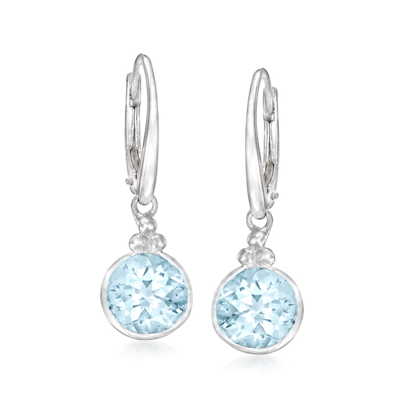Sterling silver leverback drop earrings with round sky blue topaz gemstones