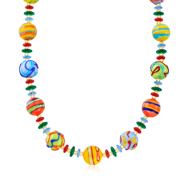 Murano glass bead necklace with multicolored round striped beads and green accents