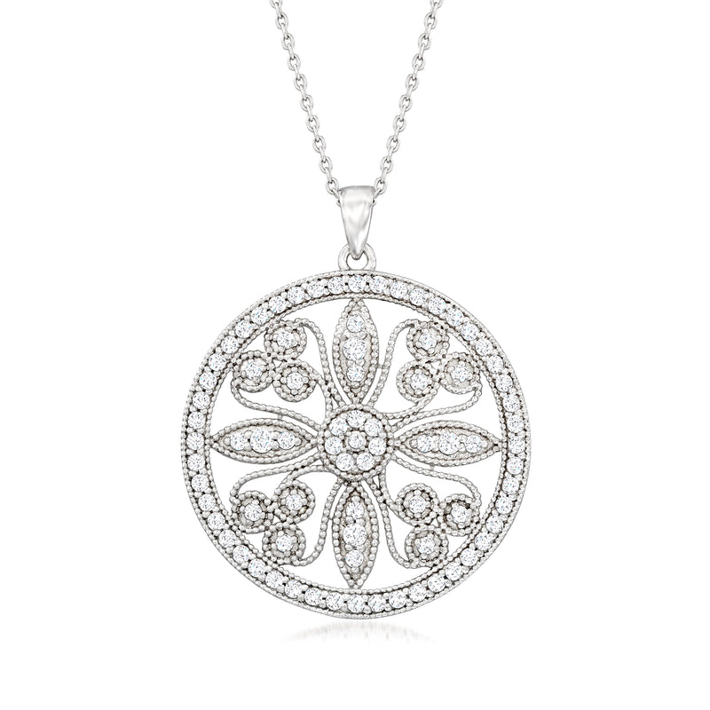 Sterling silver vintage-inspired CZ medallion pendant necklace with round filigree design