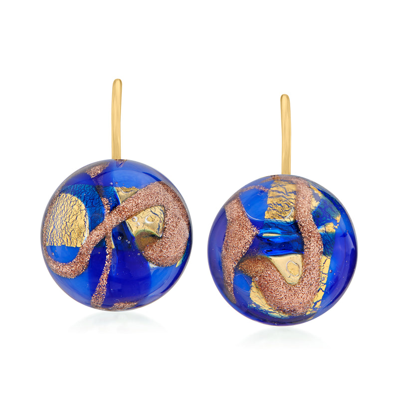 Murano glass bead drop earrings, blue multicolor gold flecks with gold leverbacks