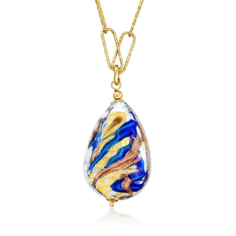 Gold paper-clip link necklace with multicolor teardrop Murano glass pendant