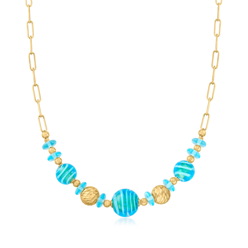 Gold link chain necklace with light blue Murano glass beads and gold accents