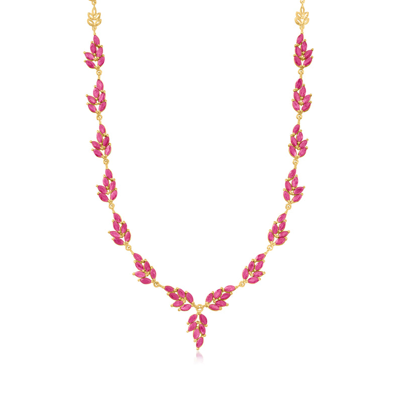 18kt gold over sterling necklace with pink ruby leaf link drops