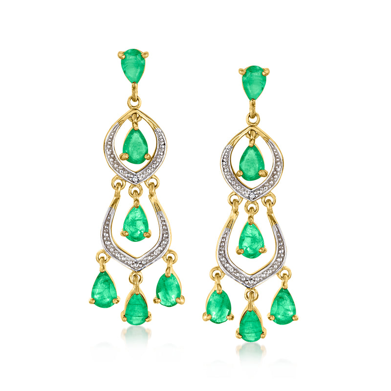 Gold drop chandelier earrings with emerald-green teardrop stones and diamond accents