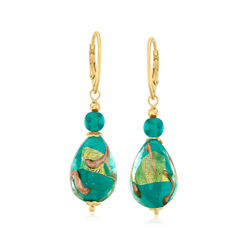 Murano glass drop earrings with green teardrop beads and goldtone leverback hooks