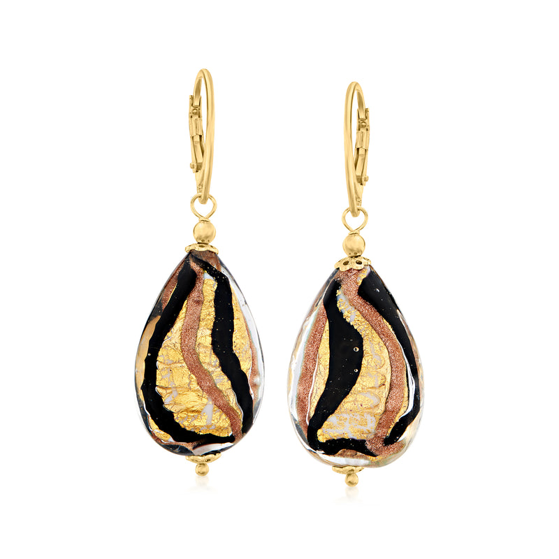 Goldtone leverback drop earrings with black and gold teardrop Murano glass