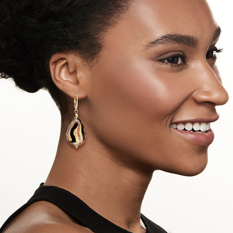 Goldtone leverback teardrop Murano glass drop earrings in black with gold flecks