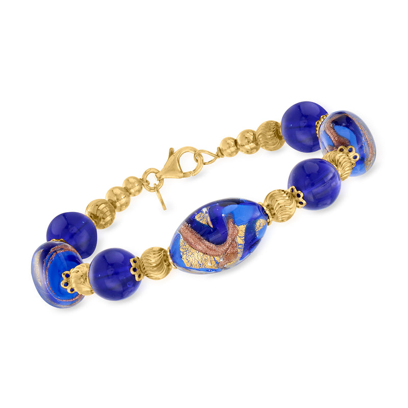 Blue and gold Murano glass bead bracelet with gold-toned chain and clasp