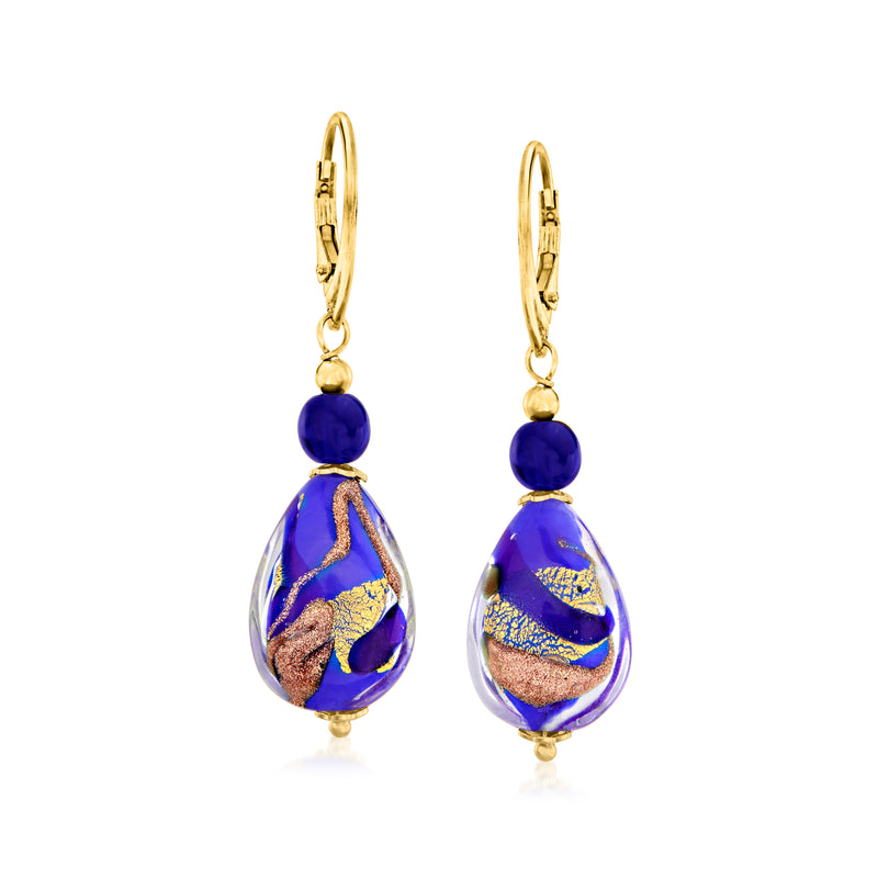 Murano glass drop earrings with blue teardrop Murano glass and goldtone leverbacks