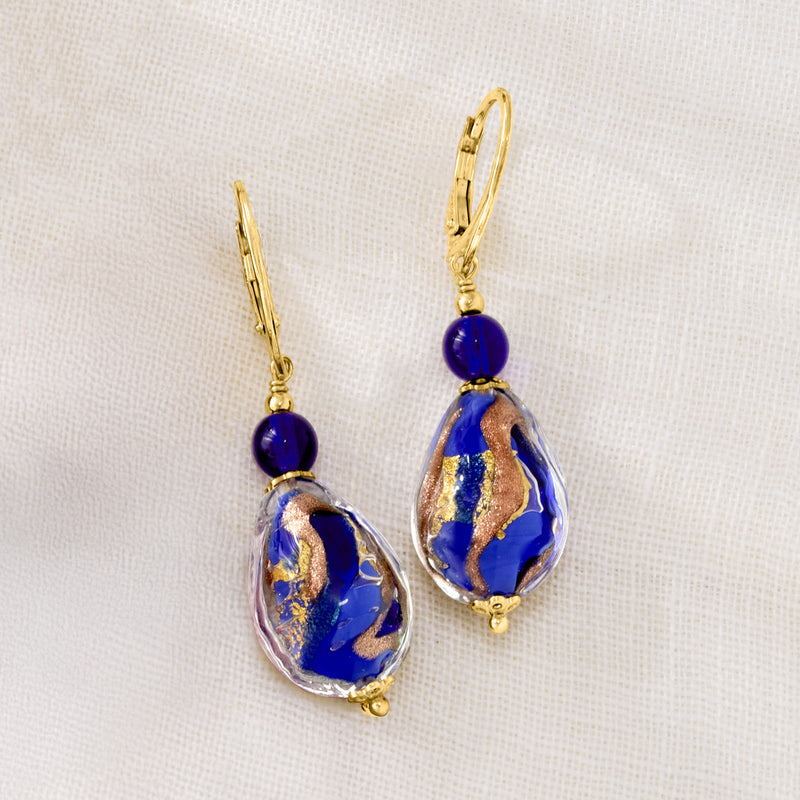 Murano glass drop earrings, blue teardrop glass with goldtone leverback and beads