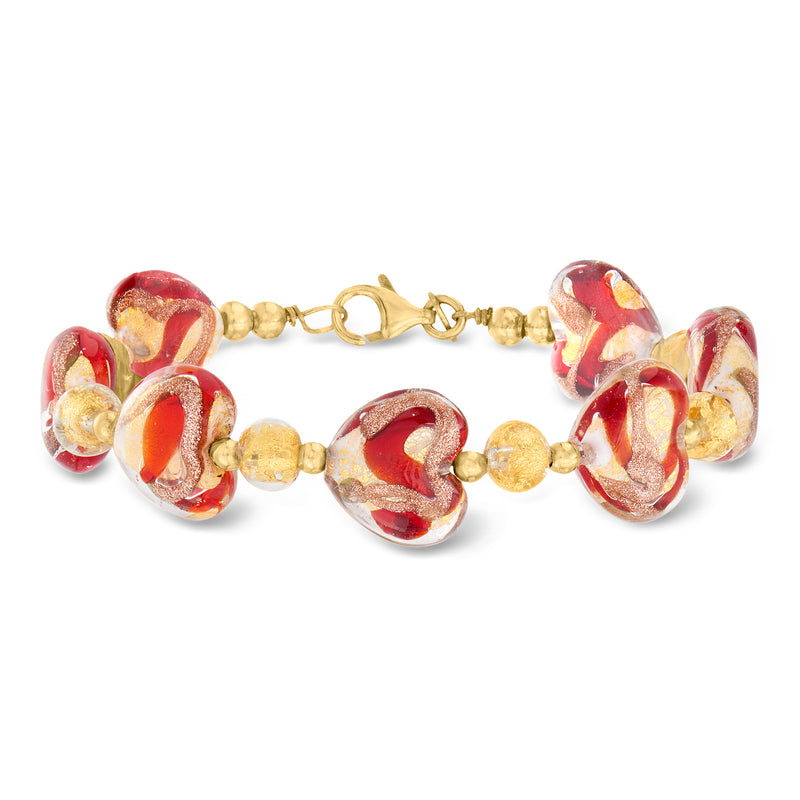 Heart charm bracelet with red and gold Murano glass beads and gold-tone clasp