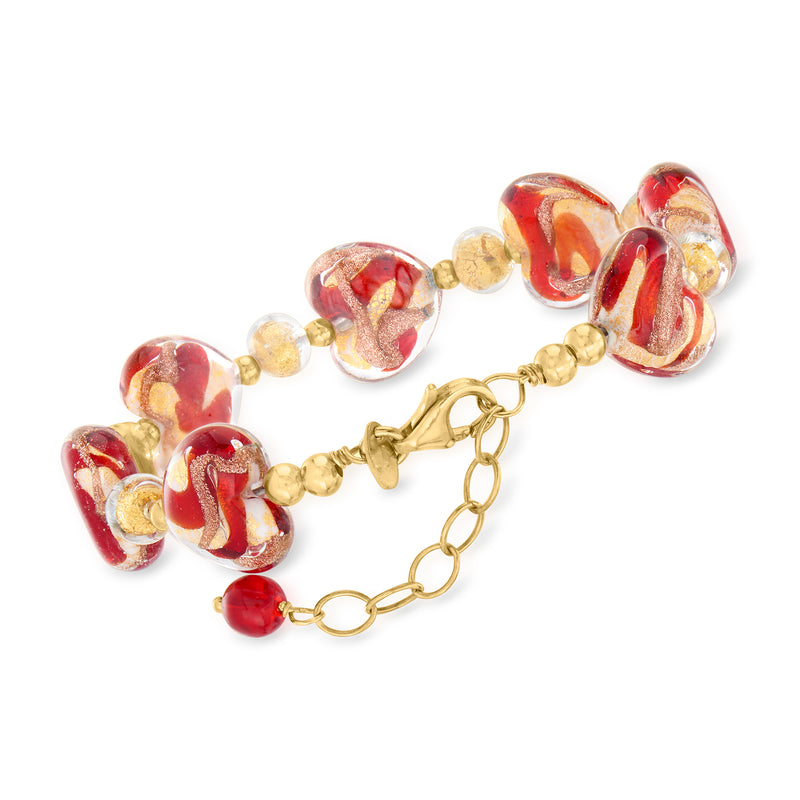 Heart charm bracelet with red, gold, and clear Murano glass beads and link chain