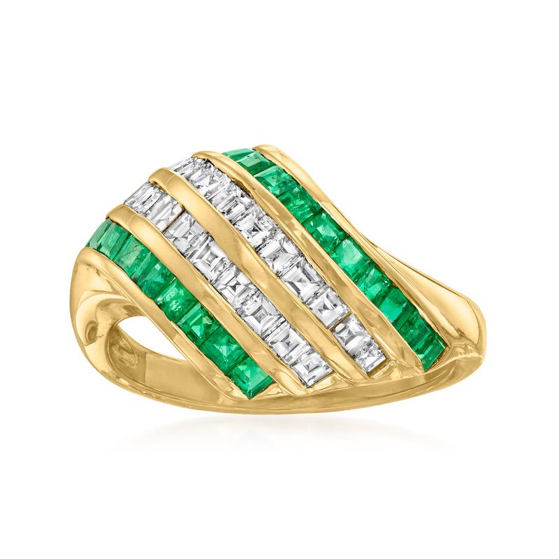 18kt yellow gold multi-row ring with green emeralds and white diamonds, vintage style